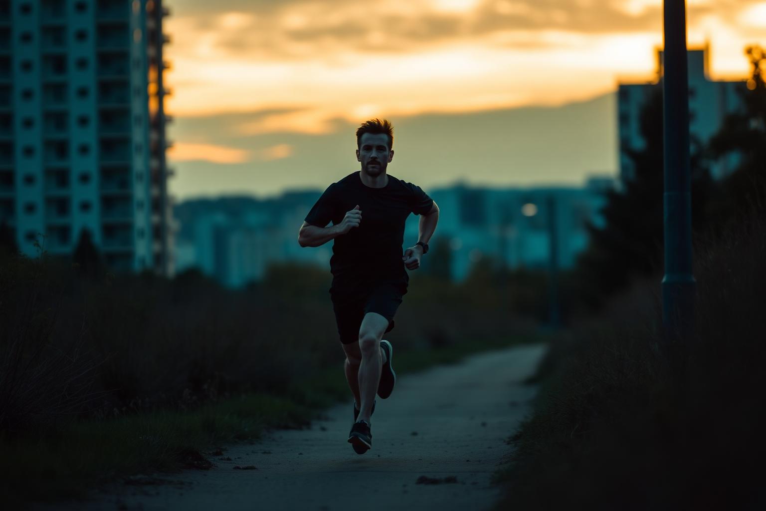 Runner claiming territory at dusk on an urban trail